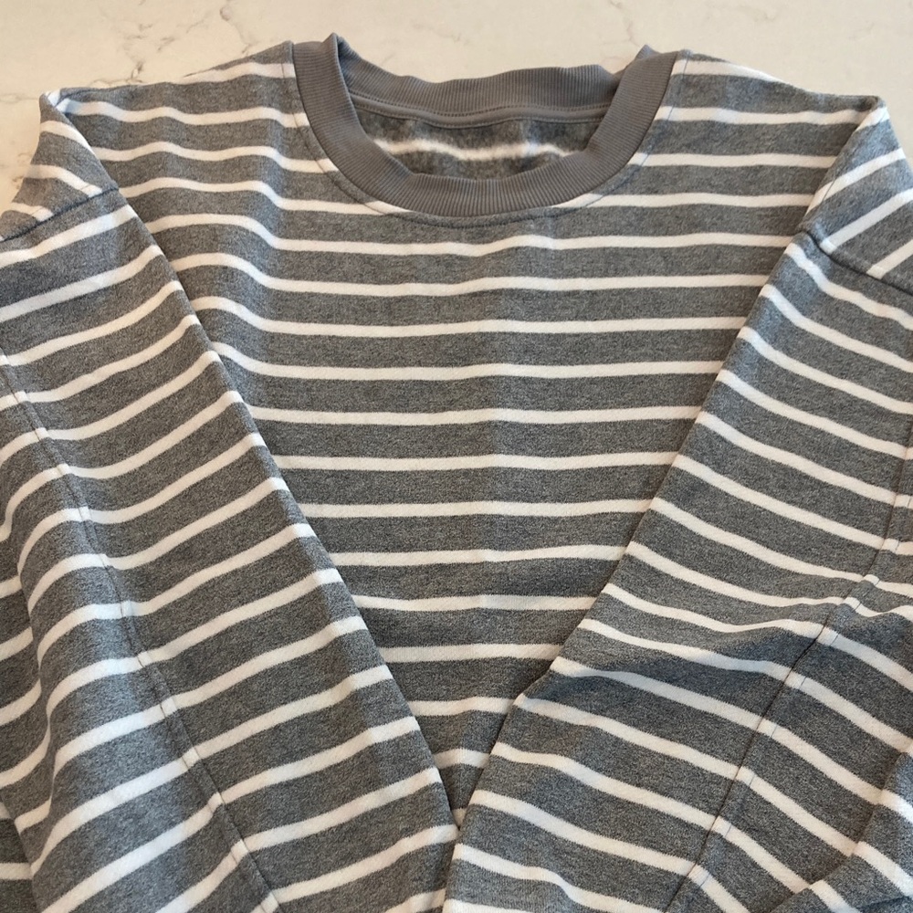 Lululemon Athletica Gray and White Striped Crewneck Sweater
